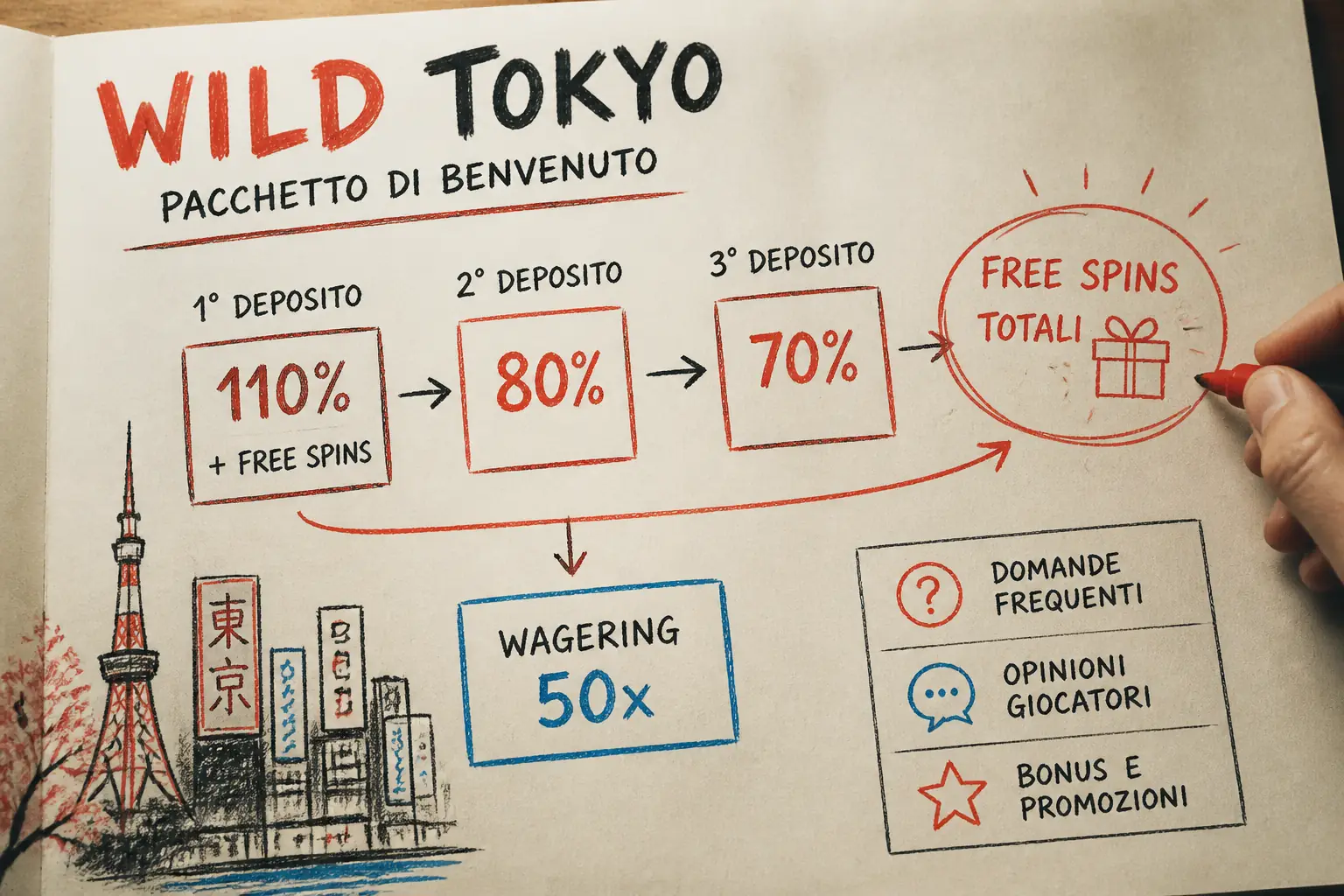 Wild Tokyo Casino Bonus – 110%+80%+70% su 3 Depositi + 600 FS visual guide for Wild Tokyo