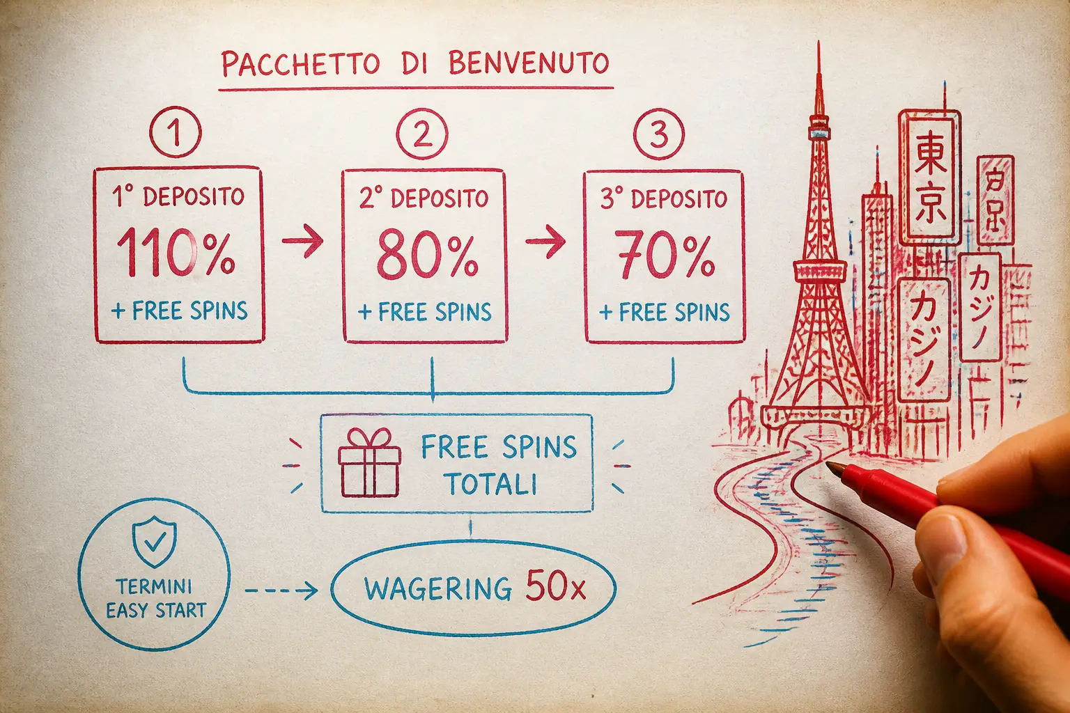 Wild Tokyo Casino Bonus – 110%+80%+70% su 3 Depositi + 600 FS visual guide for Wild Tokyo
