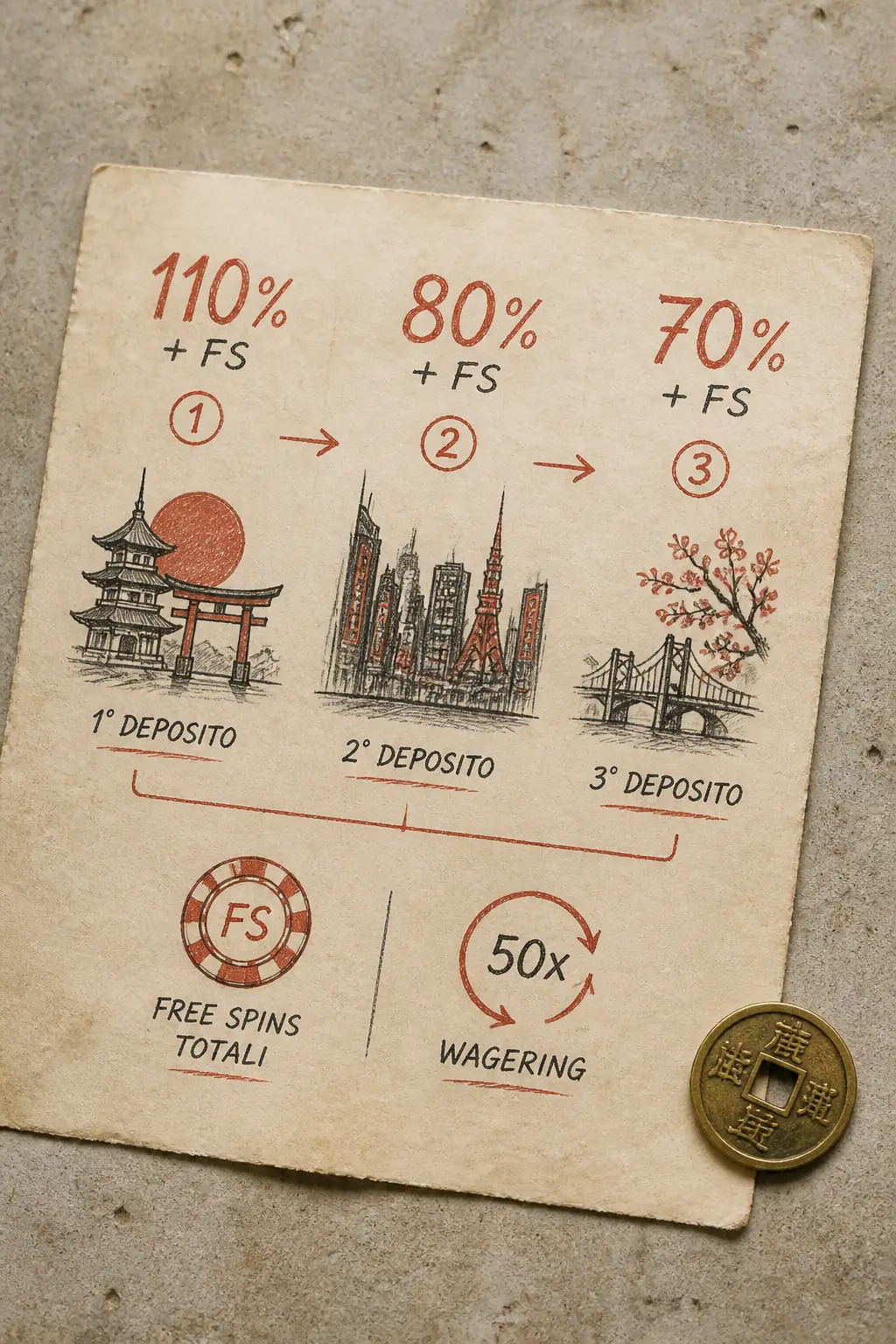 Wild Tokyo Casino Bonus – 110%+80%+70% su 3 Depositi + 600 FS visual guide for Wild Tokyo